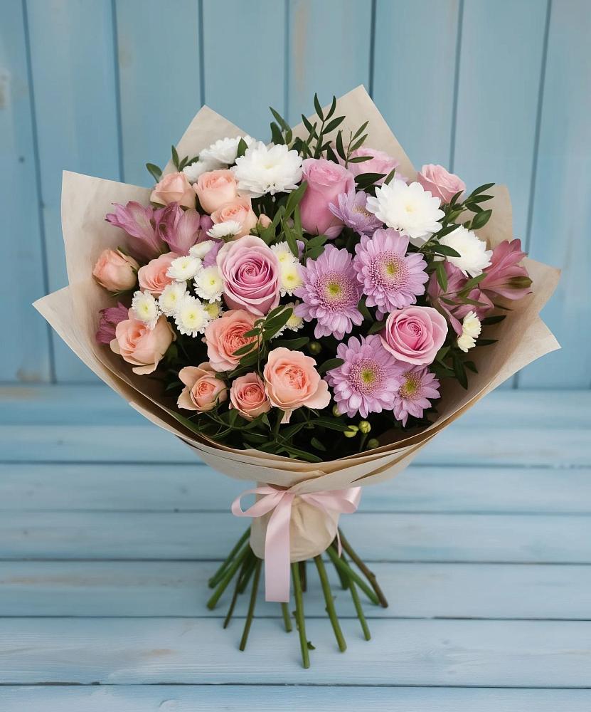 Букет цветов из: Хризантемы, Розы и Альстромерии в Шелковке