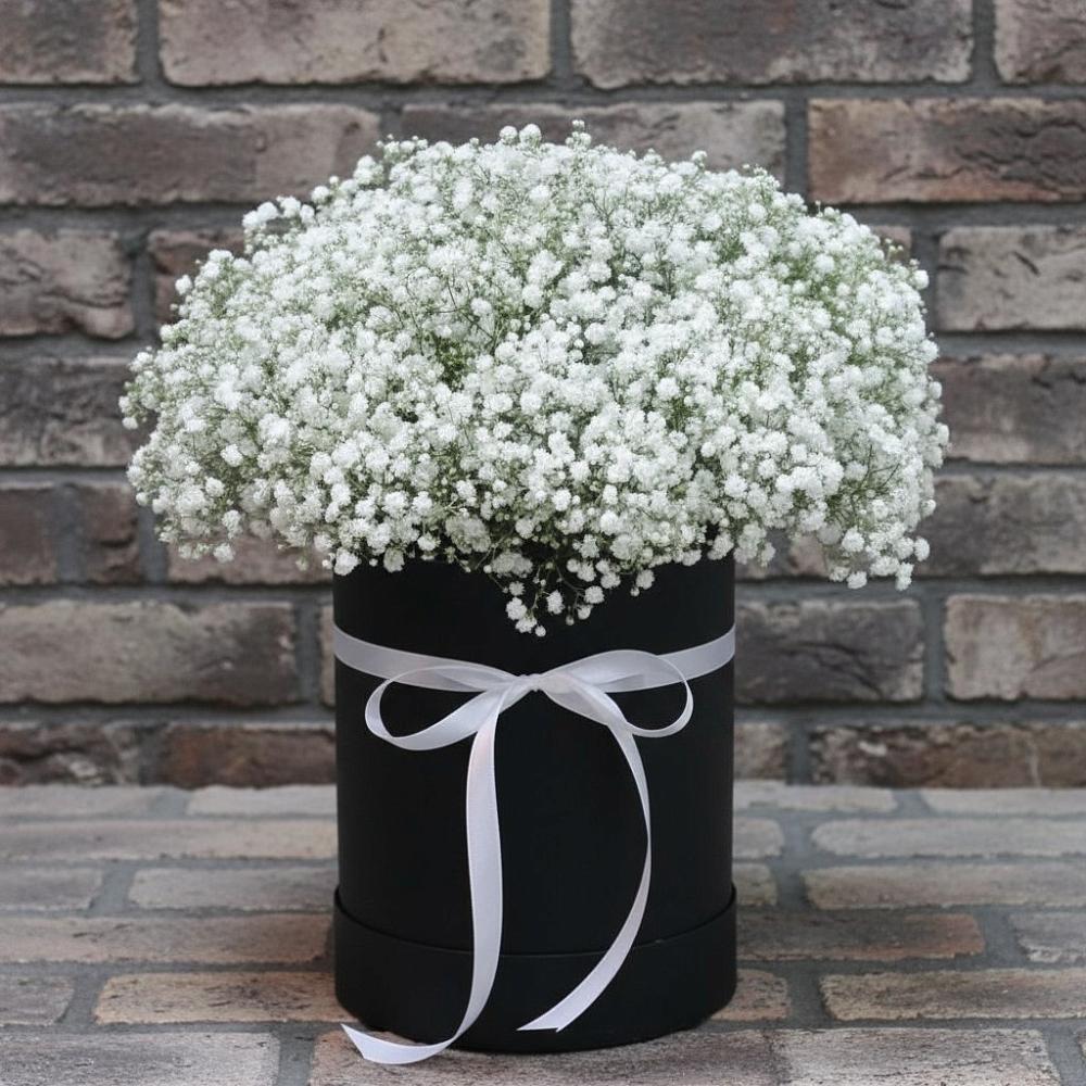 Цветочная композиция из Гипсофила в шляпной коробке в Шелковке