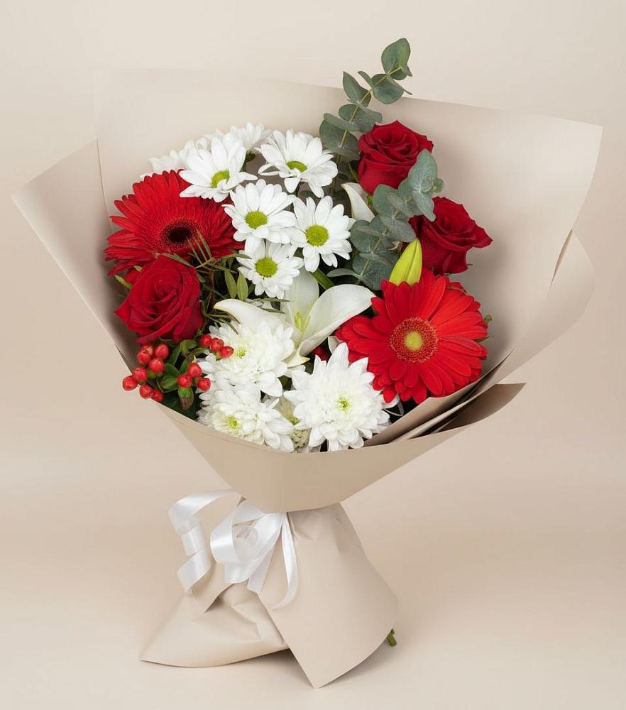 Букет цветов из: Розы, Хризантемы, Герберы и Лилии в Шелковке