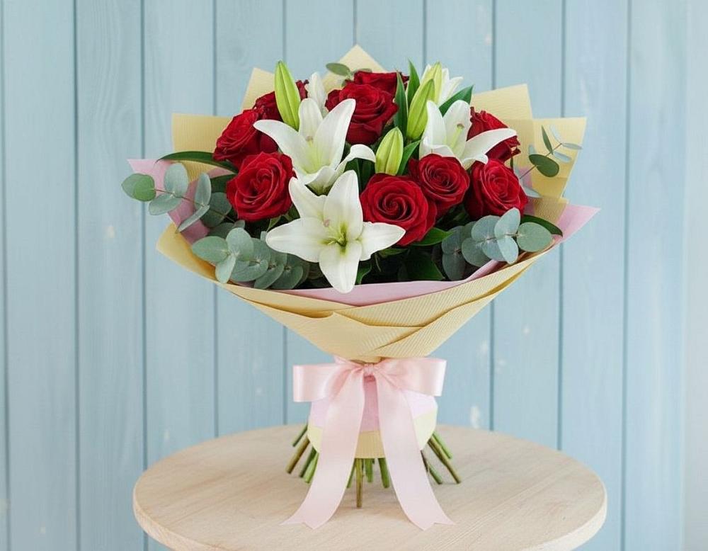 Букет цветов из: Лилии и Розы в Шелковке