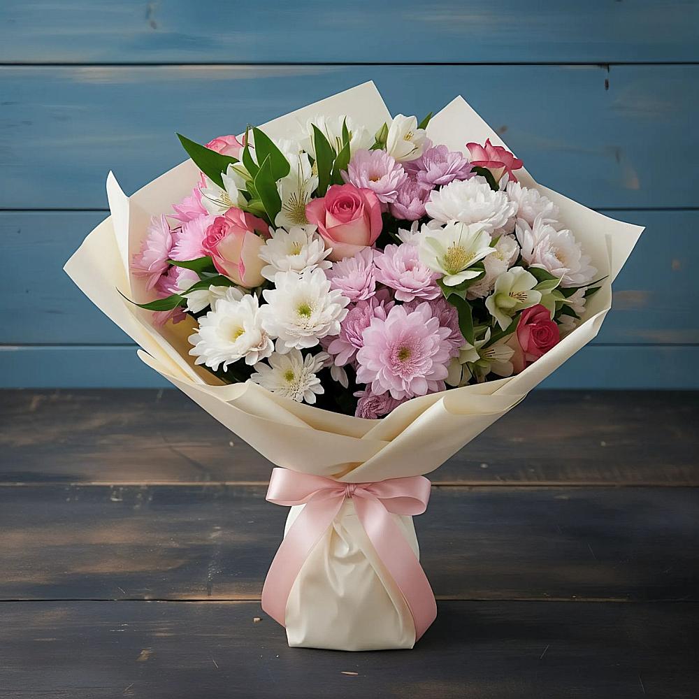 Букет цветов из: Хризантемы, Альстромерии и Розы в Шелковке